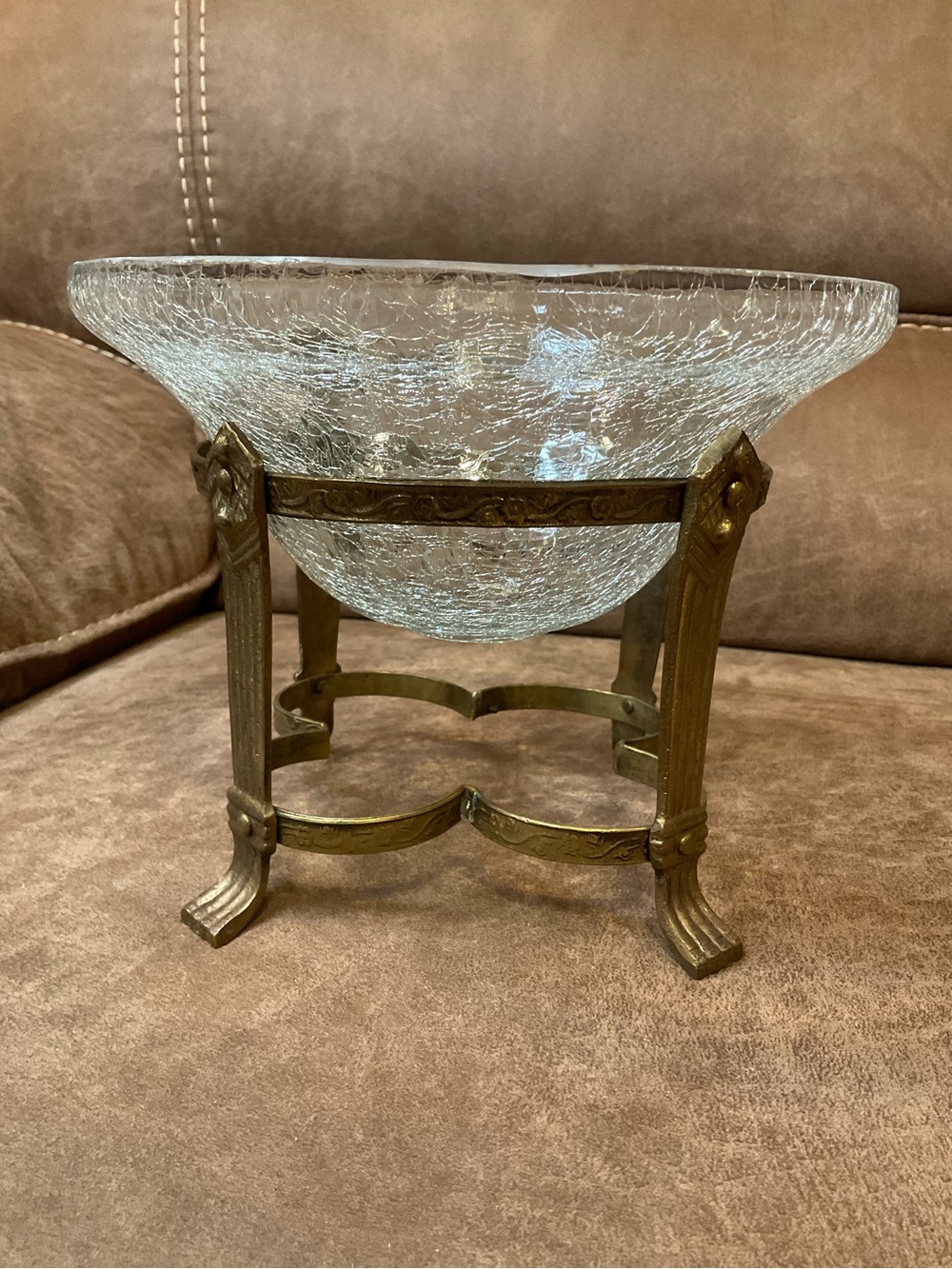 Vintage Crackle Glass Bowl with Brass Stand